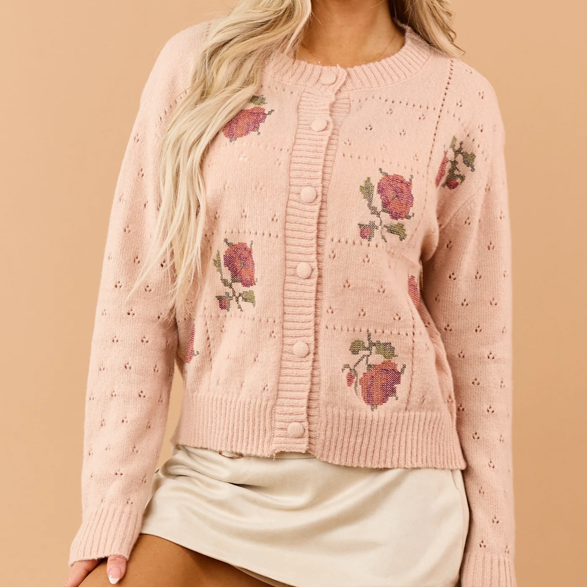 Peach Cross Stitch Floral Pointelle Knit Cardigan