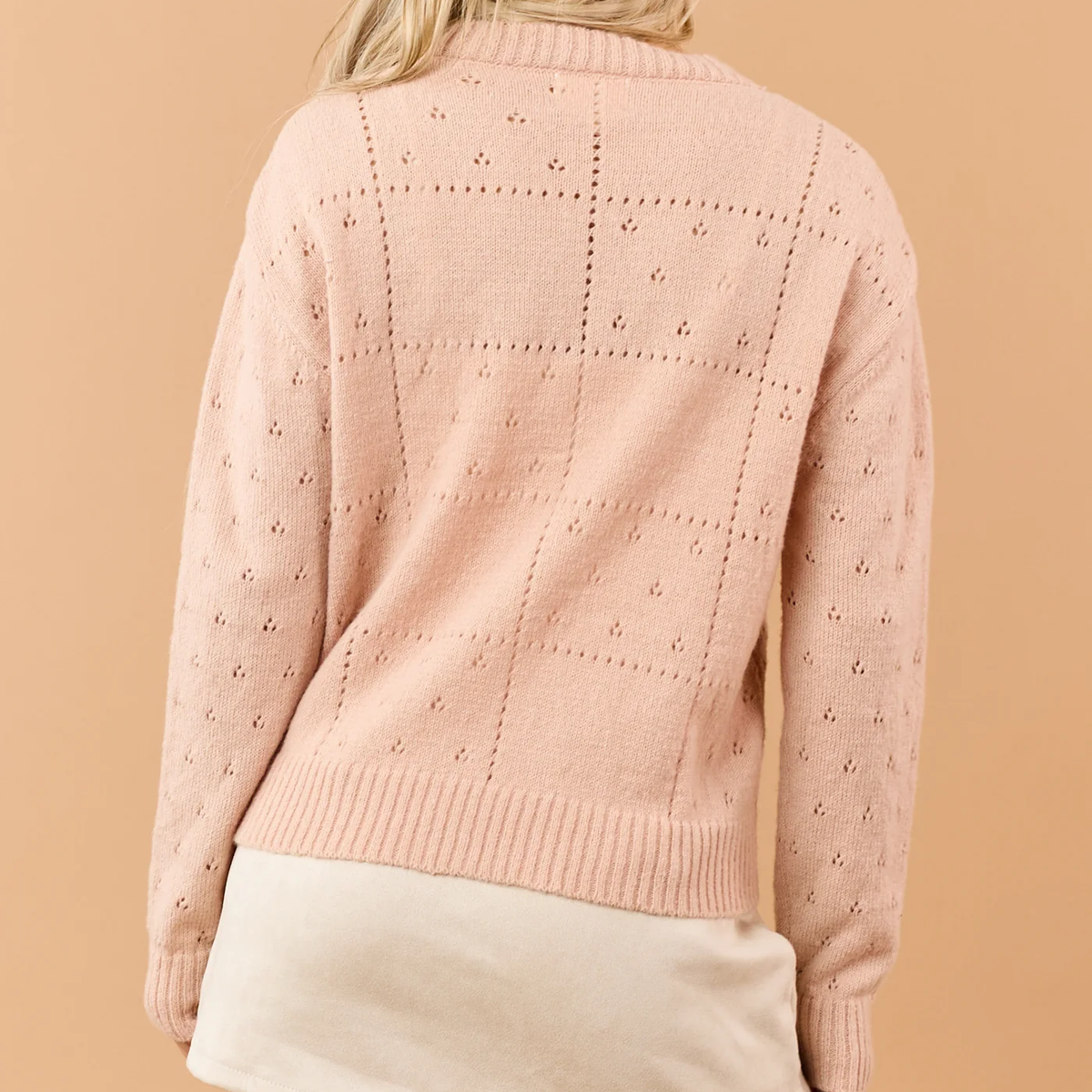 Peach Cross Stitch Floral Pointelle Knit Cardigan