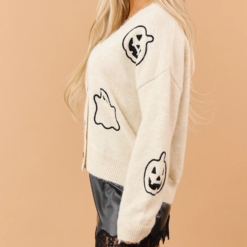 Cream Halloween Embroidered Button Down Cardigan