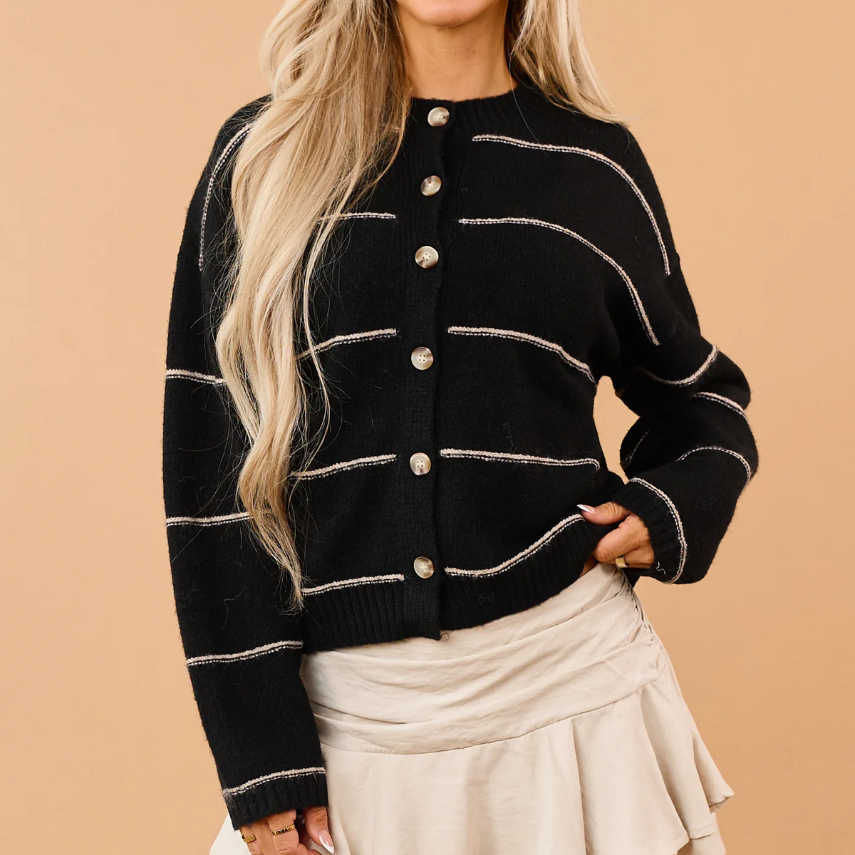 Black Striped Wool Blend Soft Knit Cardigan