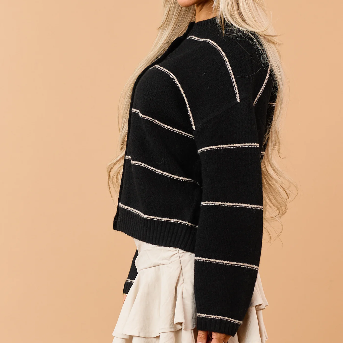 Black Striped Wool Blend Soft Knit Cardigan