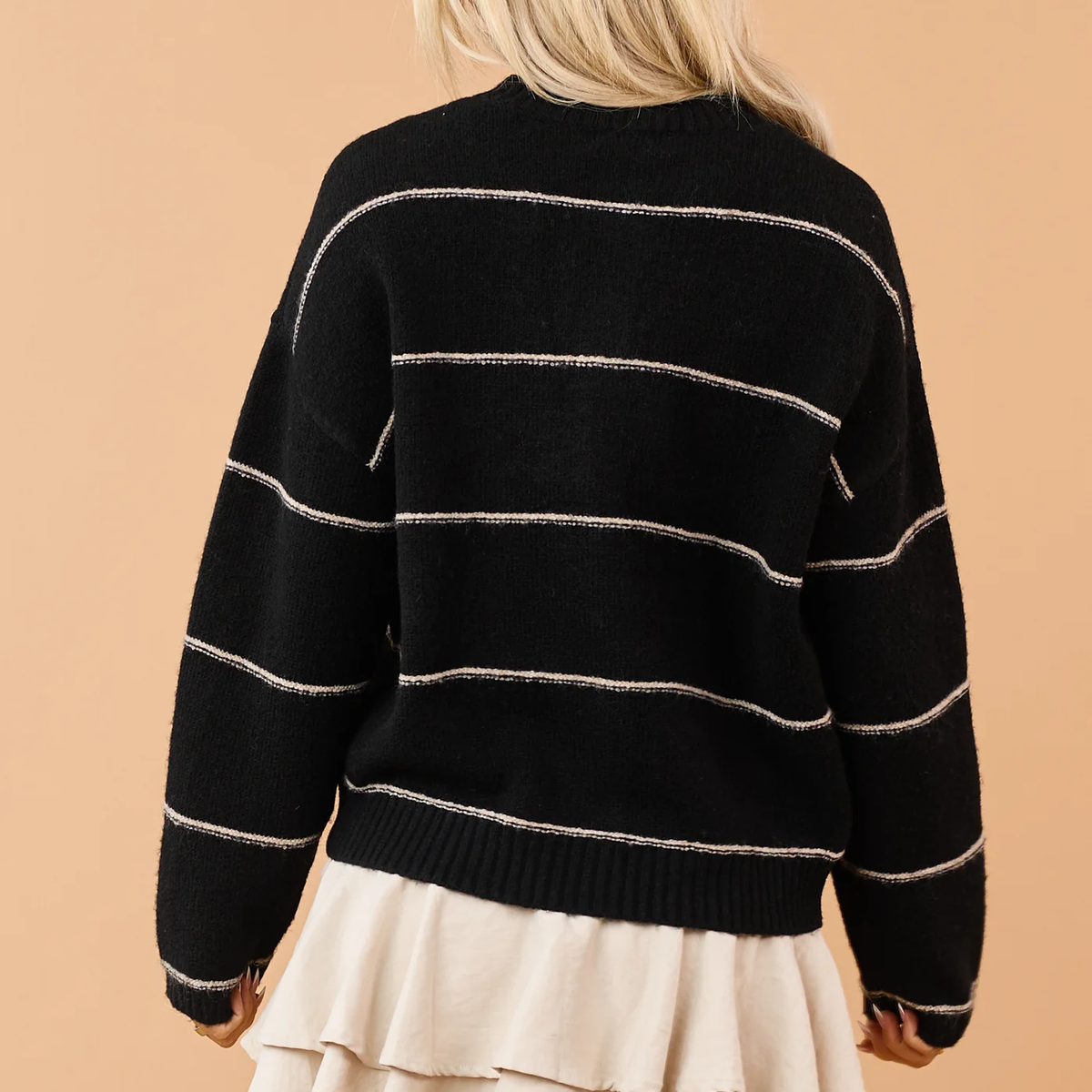 Black Striped Wool Blend Soft Knit Cardigan