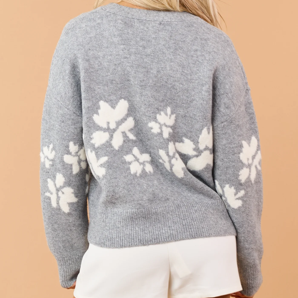 Heather Grey Floral Jacquard Button Down Cardigan